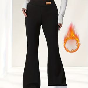 TEMU 여성용 두꺼운 기모 안감 레더 라벨 레깅스 - 와이드 레그 플레어 팬츠 - 신축성 있는 혼방 소재 - 편안하고 따뜻하며 집, 레저, 외출에 적합하며 겨울철 필수품