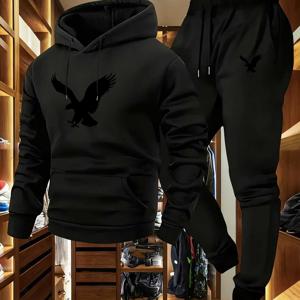 TEMU 남성용 이글 그래픽 후드티 & 조거 세트 - 캐주얼 스트리트웨어 스타일, 부드럽고 따뜻한 착용감, 100% 폴리에스터 소재, 스타일리시한 블랙 & 네이비 디자인, 후드 스웨터, 가을 겨울 트랙수트, 어반 패션 세트