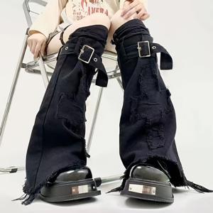 TEMU Y2K 다크 아카데미아 고딕 레그 워머 - 무릎 높이 레이스 스트랩 (레이스 없음), 디스트레스 데님 느낌 단단한 소재, 프린지 없는 가장자리 & 버클 잠금 - 고딕 의상, 콘서트, 테마 파티용 펑크 빅토리안 액세서리 (기계 세탁 가능)