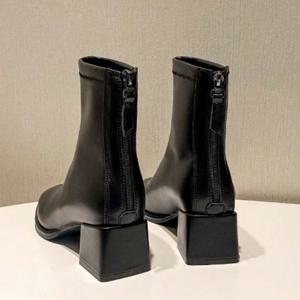 TEMU 여성용 청키 힐 앵클 부츠 - 슬립온 라운드 토 합성 커버 부츠, 쿠션 깔창, 브라운 - 올 시즌 포멀 & 캐주얼 신발 (파티, 사무실, 일상용) - 간편한 세척 여성 신발, 오피스룩, 스타일리시 신발, 패션 여성