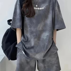 TEMU 여성용 루즈핏 홀치기 염색 프린트 파자마 세트 - 라운드넥, 반팔|반바지|여름잠옷