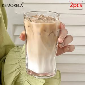 TEMU KEMORELA 에코글라스 아이스크 커피컵 2팩 스트로우 포함, 재사용 및 재활용 가능, 손세척 전용, 스무디, 보바 등 다목적 음료 유리잔, 가정 및 사무실 사용에 완벽한 커피 액세서리