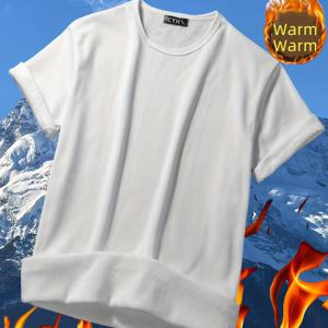 TEMU 몸에 꼭 맞는 라운드넥 반팔 안감 보온 라운드넥 상의, 가을 겨울용 캐주얼 반팔 스포츠 러닝용 타이트핏 상의