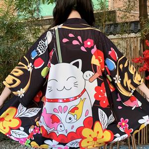 TEMU 해변 휴가 커버업 셔츠, 만화 애니메이션 행운의 고양이, 귀엽고 축제 분위기의 밝은 빨간색 숄, 가볍고 얇은 수정형 일본식 기모노 망토, 루즈핏 일본 트렌드 7/4 소매 유카타 가디건, 얇은 아우터웨어, 여름 의류, 새해 연휴 의상, 단체 코스튬, 공연 의상, 중국 스타일 춘절 휴일 복장