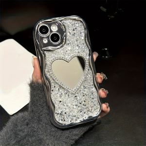TEMU 아이폰 15 14 13 12 프로 맥스 X XS XR XS 맥스 14 15 플러스 11 호환 글리터 시퀸 웨이브 3D 러브 하트 미러 폰 케이스 - 럭셔리 렌즈 보호 커버