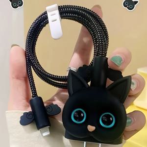 TEMU 아이폰 12/13/14 프로 맥스용 애플 20W 호환 크리에이티브 패션 블랙 캣 보호 케이스 세트 5개입 - 충전 케이블 파손 방지 액세서리 키트