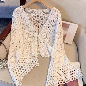 TEMU 노트 프런트 크로셰 니트 가디건, 캐주얼 롱슬리브 홀로우 아웃 가디건, 여성 의류