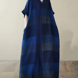 TEMU 오버사이즈 루즈핏 편안한 캐주얼 체크 프린트 V넥 드레스, 비치 여행, 해변 휴가 커버업