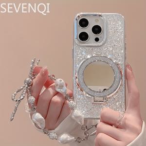 TEMU 휴대폰 케이스 - 아이폰 15 Pro Max, 2024년 신형 모델에 적합한 글리터 미러 스탠드 케이스, 아이폰 14에 스타일리시하고 우아함, 여신의 분위기, 스트랩 팔찌 포함, 아이폰 12 PM을 위한 완벽한 보호력과 매력적인 케이스.