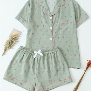 TEMU 여성 봄/여름 플로럴 프린트 파자마 세트 - 포켓이 달린 반팔 상의, 리본 디테일이 있는 반바지, 연한 녹색 폴리에스터 블렌드, 성인용 캐주얼 잠옷, 릴렉스 핏, 캐주얼 웨어|플로럴 프린트 상의|폴리에스터 블렌드