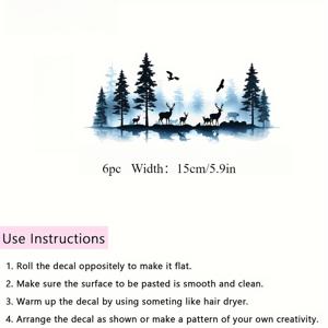 TEMU 6개 조용한 숲과 야생 동물 벽 스티커 세트 - 소나무, 사슴 및 새 스티커, 반매트 마감, 집, 사무실, 캠핑카, 자동차 및 트럭 장식에 적합 - 매끄러운 표면에 쉽게 붙일 수 있음