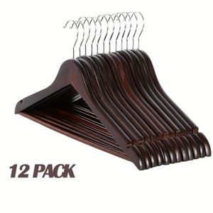TEMU 6/12개 세트 고강도 솔리드 우드 수트 & 코트 행거 + 미끄럼 방지 팬츠 봉 - 광택 처리된 튼튼한 나무 행거, 정장, 재킷, 드레스, 셔츠, 블라우스, 바지에 적합 - 옷장, 드레서, 옷장 정리에 이상적 (내구성)|바지걸이