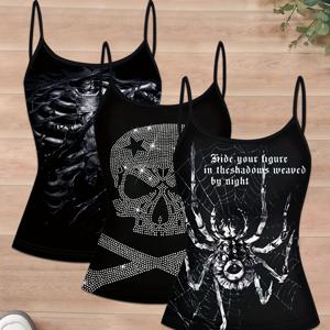 TEMU 세련된 블랙 트렌디 브랜드 민소매 탑 3종 세트. 눈 하나만 있는 거미와 라인스톤 해골 프린트가 특징이며, 우아하고 스타일리시한 룩을 위해 디자인되었습니다. 여름철 착용에 적합하며 세탁기 사용 또는 드라이 클리닝이 가능합니다.