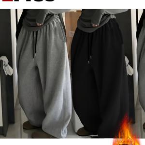 TEMU 여성용 단색 드로스트링 허리 포켓 루즈핏 캐주얼 팬츠 투피스 세트, 가을/겨울에 적합|냉장고바지|바지|여성의류