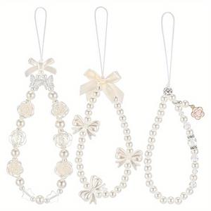 TEMU 유쾌한 화이트 한국 스타일 리본 폰 체인 3개 세트, 부드러운 동백꽃 비즈 장식, 휴대폰용 손목 끈, 분실 방지 체인, 여성 핸드백 장식용