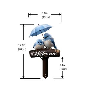 TEMU 40cm 높이의 메탈 웰컴 사인 스테이크 | 우산을 든 귀여운 새 커플, 축제 분위기의 야외 정원 파티오 현관 장식 선물