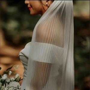 TEMU 1pc 여성 패션 3D 플리츠 메쉬 롱 베일 - 우아한 웨딩 및 파티 액세서리, 손세탁 전용, 폴리아미드 소재, 신부용 브리드쇼와 정식 행사에 완벽한 신부 드레스