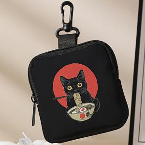 TEMU 치비 블랙 캣 레밤 먹는 디자인 지퍼 동전 지갑 - 가벼운 폴리에스터 키체인 지갑, 동전, 카드 및 작은 물건용, 빨간 배경의 귀여운 만화 고양이 일러스트레이션, 동전 지갑