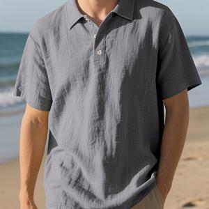 TEMU 남성 린넨 여름 2025 - 통기성 좋은 방풍 아웃도어 상의, 주름 없는 단색 스탠드 칼라 버튼 폴로 셔츠|린넨