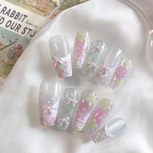 TEMU 10개입 발레 네일 프레스온 매니큐어 세트, 파스텔 도파민 리본 디자인 페어 라이트 베이지 - 재사용 가능한 봄 꽃무늬 수제 착용형 인조 손톱, 민트 그린 우아한 스타일. 여성을 위한 완벽한 선물 & 액세서리