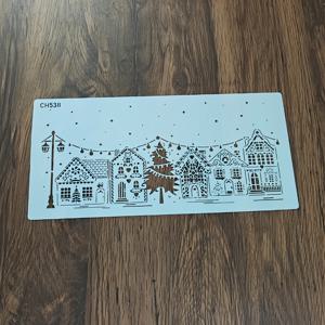 TEMU 크리스마스 트리 하우스 스텐실 - 음식 등급 PET 케이크 장식 템플릿, 눈 덮인 마을 장면 포함, 쿠키, 케이크, 폰당트용 - 결혼식, 생일, 휴일 베이킹 - 재사용 가능한 베이킹 몰드, 가정 및 전문 주방용, 축제적인 간식, 복잡한 디테일, 내구성 있는 플라스틱, 페이스트리 셰프