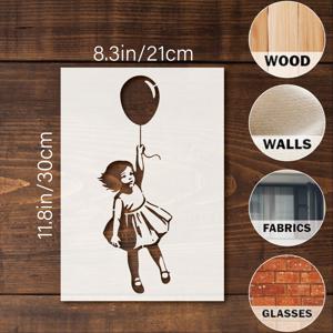 TEMU 2개 세트 풍선 소녀 스텐실 - DIY 공예, 아트, 가구 페인팅용 재사용 가능한 템플릿 - 11.8x8.3인치 바닥, 벽, 타일용 풍선 소녀 - 스프레이, 마커, 크레용 호환