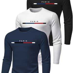 TEMU 남성용 긴팔 티셔츠 3종 세트 - 통기성 좋은 폴리에스터 소재 - 파리 프린트 디자인, 레귤러 핏, 봄, 여름, 가을에 착용하기 적합.