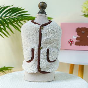 TEMU 고양이와 강아지를 위한 애완동물 옷, 두꺼운 보온 코트, 겨울용 방한 오픈 프론트 민소매 조끼, 갈색 트림 포켓이 있는 편안한 재킷