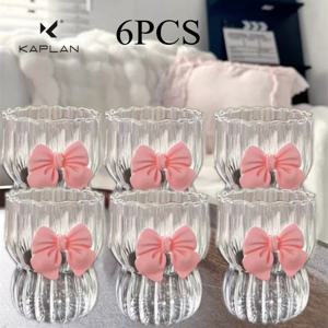 TEMU 카플란 6pcs 핑크 리본 머그 세트, 내열성 고강도 보로실리케이트 유리 커피컵, 아이스 라떼 & 밀크컵, 줄무늬 통통 머그컵, 아침식사, 차, 물용, 크리스마스, 추수감사절, 휴일 선물, 파티, 생일 선물에 이상적