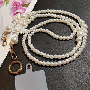 TEMU 여성용 우아한 긴 휴대폰 끈 손목 스트랩, 인조 진주 & 가방 참 포함 - 베이지색 나비 휴대폰 코드, 분실 방지 디자인, 안전한 휴대폰 홀더, 튼튼한 구조, 스타일리시한 액세서리, 여행용 액세서리, 여행 또는 일상 사용에 적합