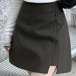 TEMU 여성 미니 스커트, 사이드 슬릿 및 버튼 디테일 | 로우 웨이스트 디자인, 우아한 단색, 봄/여름/가을에 적합