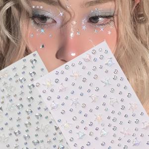 TEMU 2장 자체 접착 반짝이 AB 라인스톤 얼굴 & 바디 스티커 - 무지개빛 반짝이 글리터, 네일 아트, DIY 공예, 음악 페스티벌, 임시 얼굴 & 파티 장식용 - 둥근 & 보석 데칼