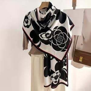 TEMU 여성용 대형 스카프 - 베이지/블랙 우아한 숄, 폰초 & 랩 - 부드럽고 신축성 없는 스카프, 정장 & 캐주얼 복장에 적합, 다기능 목 액세서리, 통기성 숄, 세탁기 사용 가능 (손세탁/드라이클리닝)