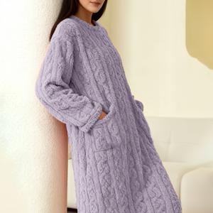 TEMU 여성 플란넬 튜닉 | 캐주얼 크루넥, 단색, 가을/겨울, 편안하고 우아한 긴팔 로브 (성인용)