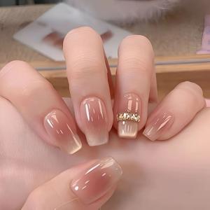 TEMU 10개입 누드 핑크 그라데이션 프레스온 네일 - 긴 스퀘어 오벌 쉐입 골드 체인 장식 - 럭셔리 데일리 브라이트닝 핸드메이드 네일