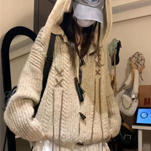 TEMU 레트로 토끼 귀 호른 버튼 후드 스웨터 여성용 가을/겨울 루즈핏 슬리밍 게으른 스타일 가디건 재킷