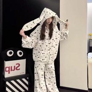 TEMU 레이지 스타 프린트 토끼귀 후드 여성 가을 와이드 레그 팬츠 투피스 다용도 바지 세트