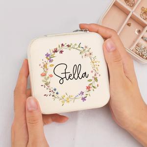 TEMU 맞춤 제작 성명 꽃 장식 보석 상자 | 베이지색 및 흰색 여행용 보관 상자 (지퍼 잠금 및 패브릭 안감), 신부 들러리 프로포즈 선물 또는 커플 기념품으로 완벽, 우아한 디자인, 보석 상자