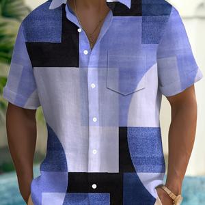 TEMU 빈티지 기하학 컬러 블록 프린트 남성 버튼업 포켓 반팔 셔츠
