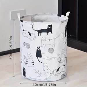 TEMU 1 접이식 고양이 패턴 라운드 세탁바구니 - 대용량 오픈마우스 욕실, 발코니, 가정용 세탁바구니|빨래바구니