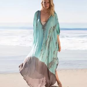 TEMU 여성용 여름 비치 커버업 | 루즈핏 플러스 사이즈 V넥 사이드 슬릿 리조트 카프탄 - 비키니 수영복 아우터 레이어|빅사이즈수영복