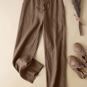 TEMU 플러스 사이즈 단색 슬랜트 포켓 팬츠, 캐주얼 신축성있는 허리 팬츠 봄 & 가을, 여성 플러스 사이즈 의류