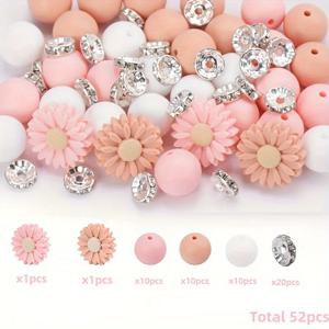 TEMU 52개 실리콘 데이지 & 라인스톤 비즈 - 12mm 둥근 반짝이는 매력 비즈, 꽃 디자인 주얼리 만들기용, DIY 공예, 열쇠고리, 팔찌 및 목걸이 & 홈 데코 - 다색 옵션, 스페이서 비즈, 매끄러운 마감, 공예 애호가를 위한