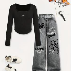 TEMU 여아 가을/겨울 패션 캐주얼 자수 별 긴팔 티 + 루즈 데님 프린트 바지 투피스 세트