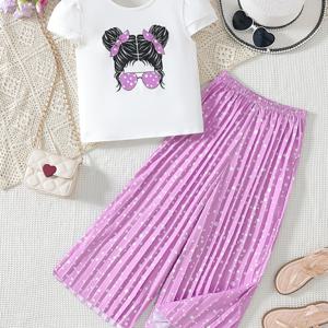 TEMU 고스코어 여아 패션 귀여운 투피스 세트: 카툰 프린트 반팔 탑과 더블 레이어 프론트, 바이올렛 폴카 도트 플리츠 와이드 레그 앵클 팬츠 - 선명하고 우아한 매력, 야외 활동에 완벽한 우아한 룩