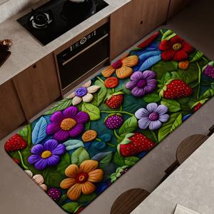 TEMU 봄/여름용 꽃과 잔디 패턴이 있는 딸기 주방 매트 1개 - 내구성 있고 폴리에스터 소재, 거실, 현관, 발코니 및 홈 장식에 적합