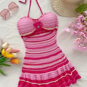 TEMU 섹시한 홀터넥 크로셰 드레스 - 100% 아크릴 바디콘 미니드레스, 반투명 레이어, 핸드워시/드라이클리닝 가능, 캐주얼 & 포멀룩 다용도