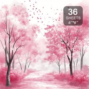 TEMU 핑크 잉크 워시 스타일 벚꽃 나무와 작은 다 Scrapbook 용지, 로맨틱하고 따뜻함, 다이어리 콜라주, 공예 및 사진 앨범 장식에 적합 (6*6인치, 36매)