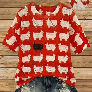 TEMU 여성용 양털 패턴 홀로우 탑, 트렌디 디지털 프린트 반팔 풀오버, 스프링/여름 휴가 스타일용 비스툴 크루 넥 스웨터, 캐주얼 니트웨어 | 재미있는 프린트 탑 | 비스툴 원단