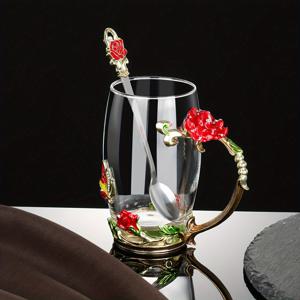 TEMU 2/3/6개 세트 고급스러운 입체적인 빨간 장미 꽃 티 커피 주스 유리 컵, 홈 파티, 사무실 사용 및 일상적인 음료용으로 적합, 발렌타인데이 및 결혼식에 완벽.